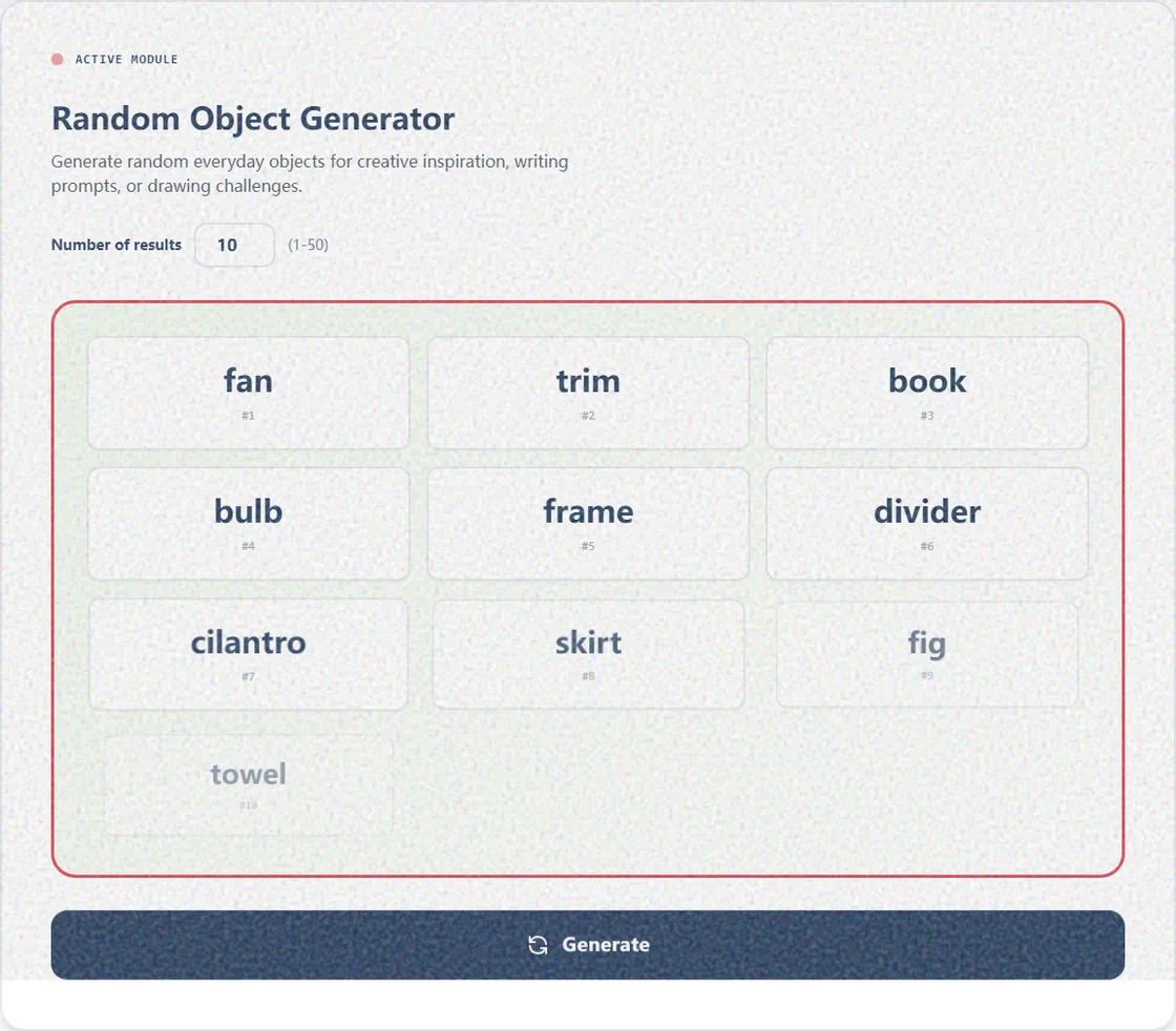Random Object Generator showing a generated list of everyday objects