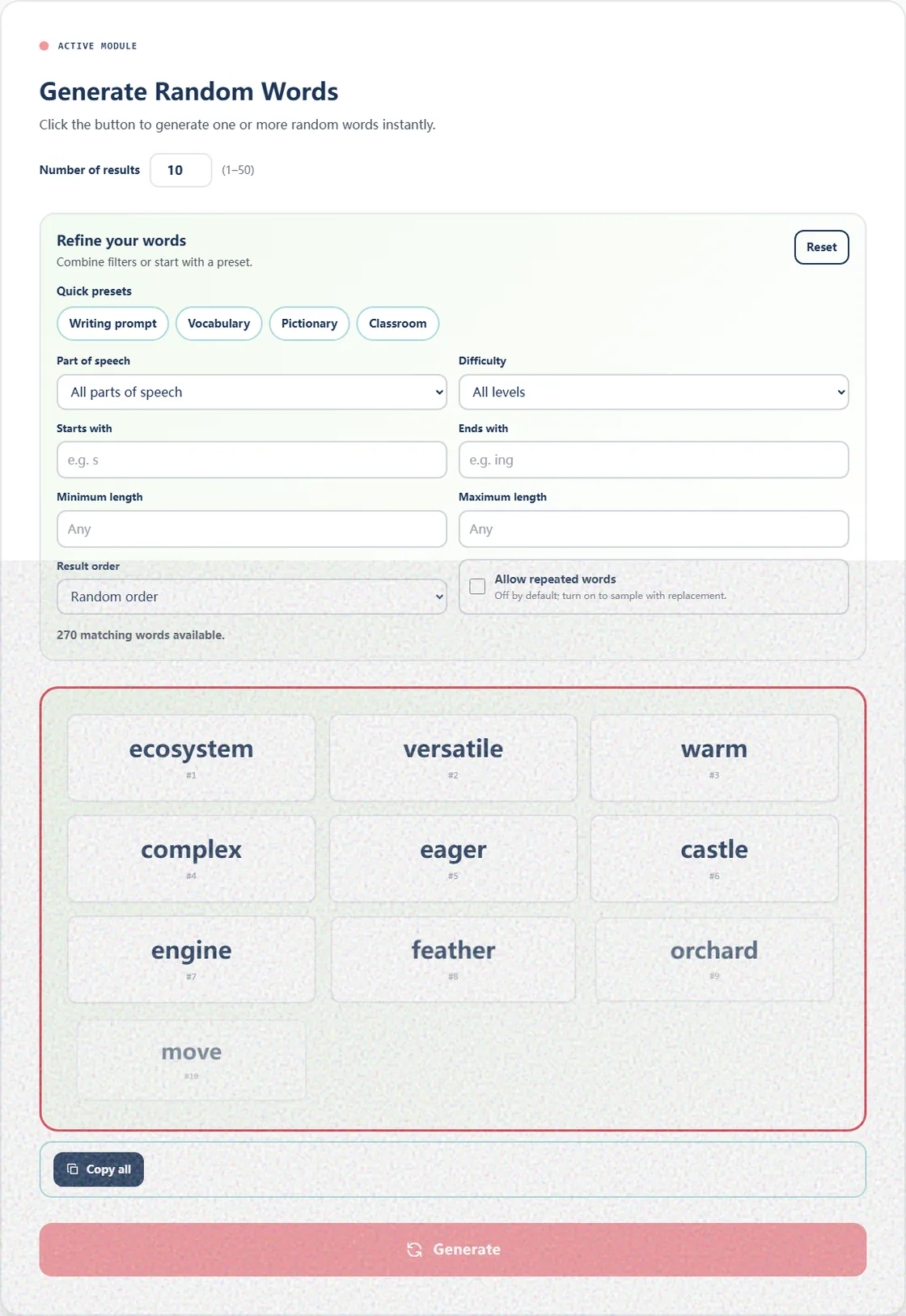 Random Word Generator with word filters and a generated word list